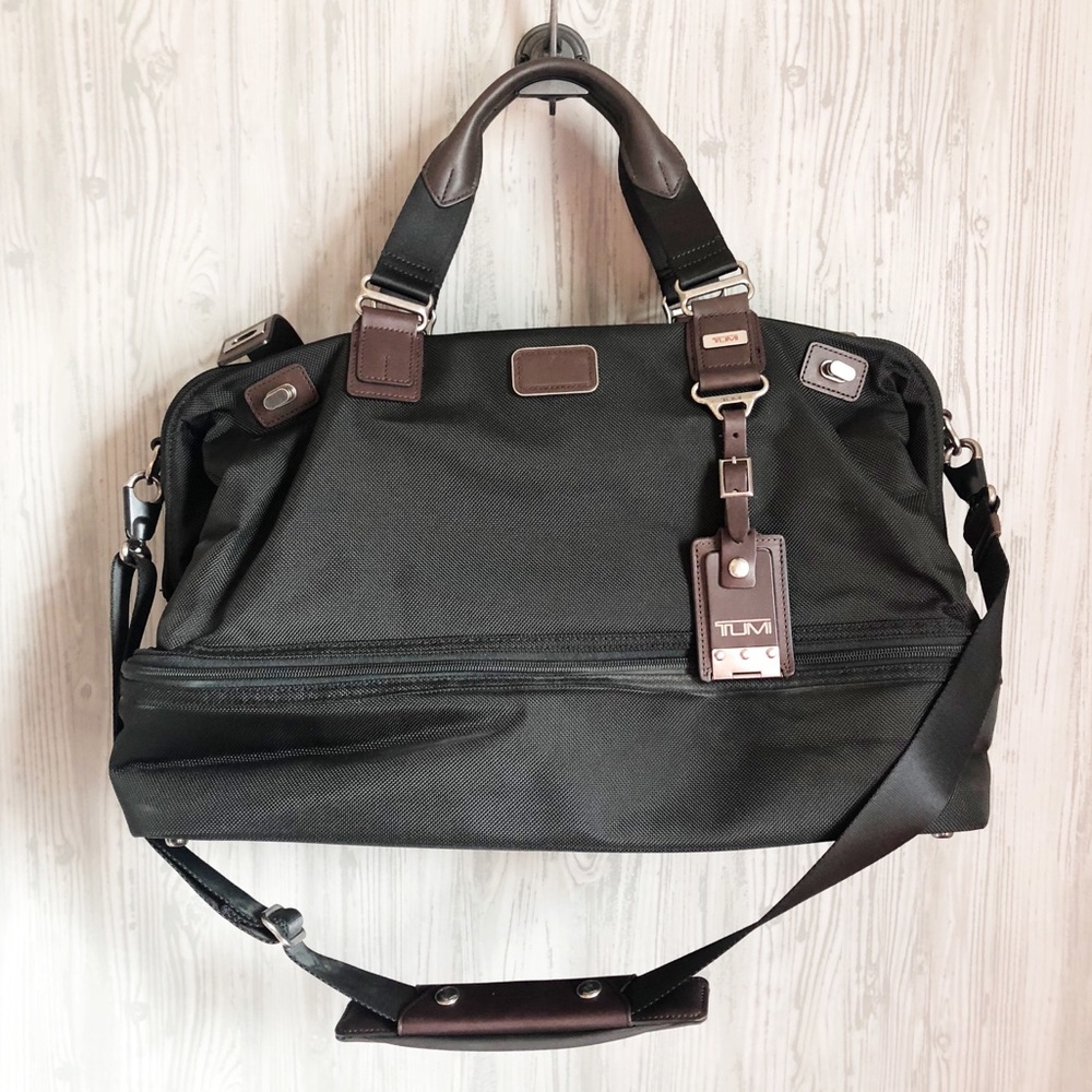 Tumi Black Duffel Bag with Brown Leather Trim